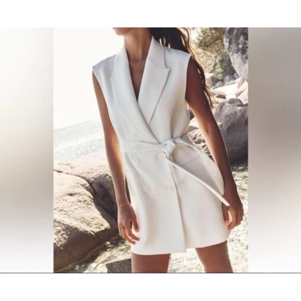 Zara Cream Double-Breasted Sleeveless Blazer Vest with Tie